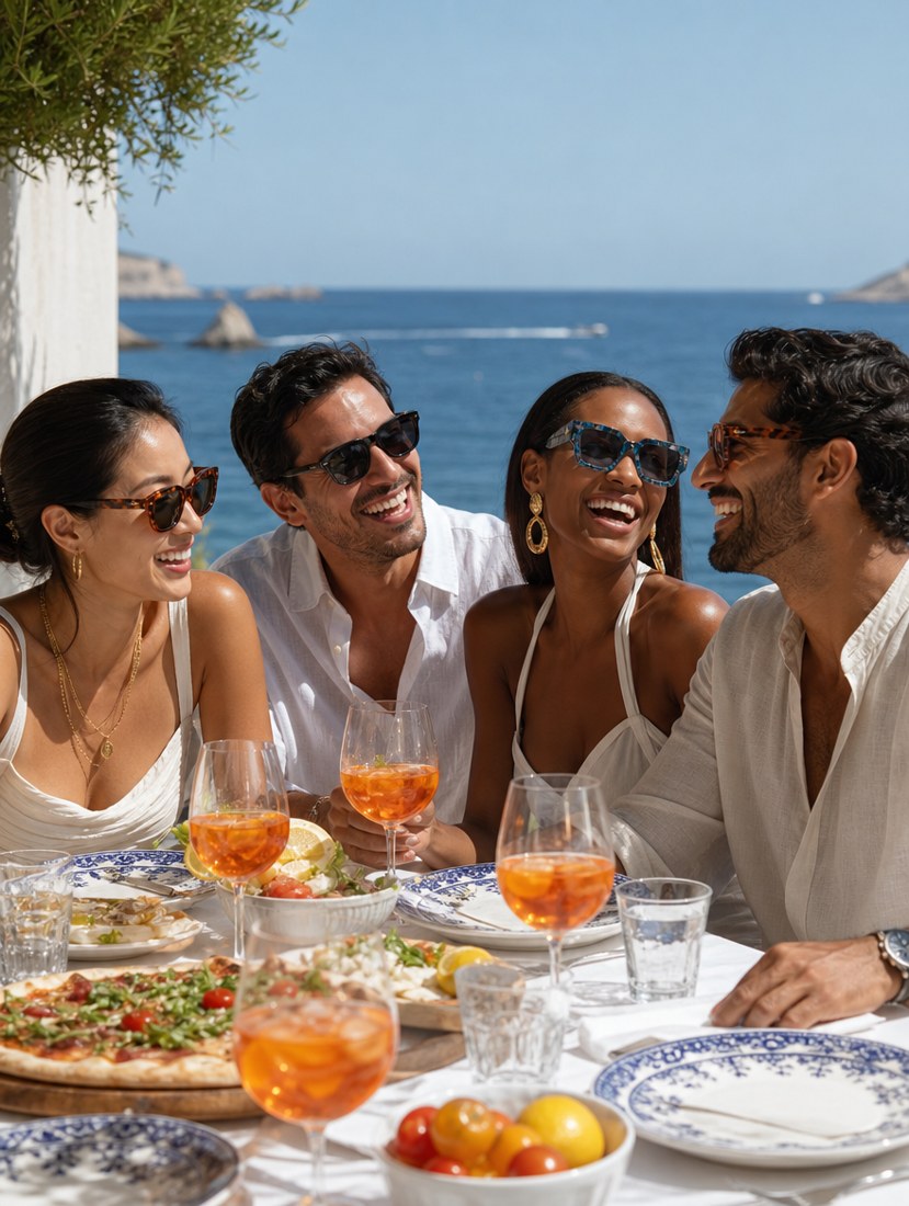 Friends wearing UBU sunglasses at a seaside lunch