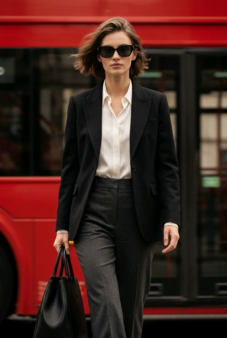 Woman in a black suit wearing UBU sunglasses